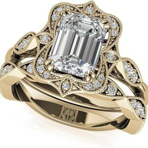 Gold Antique Vintage Halo Emerald Cut Moissanite Engagement Ring Handmade